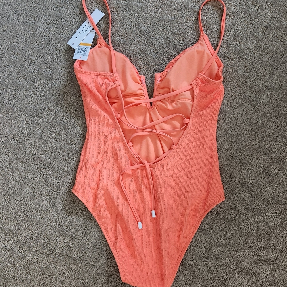 NWT Sanctuary Orange One Piece Plunging V-Neck Lace Up Back Swimsuit S - Picture 2 of 5